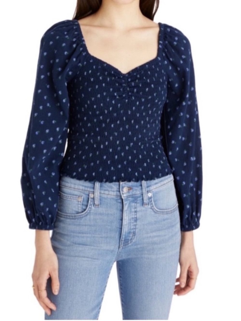 NEW Madewell Lucille Smocked Balloon Sleeve Top in Indigo Ditsy Floral Print